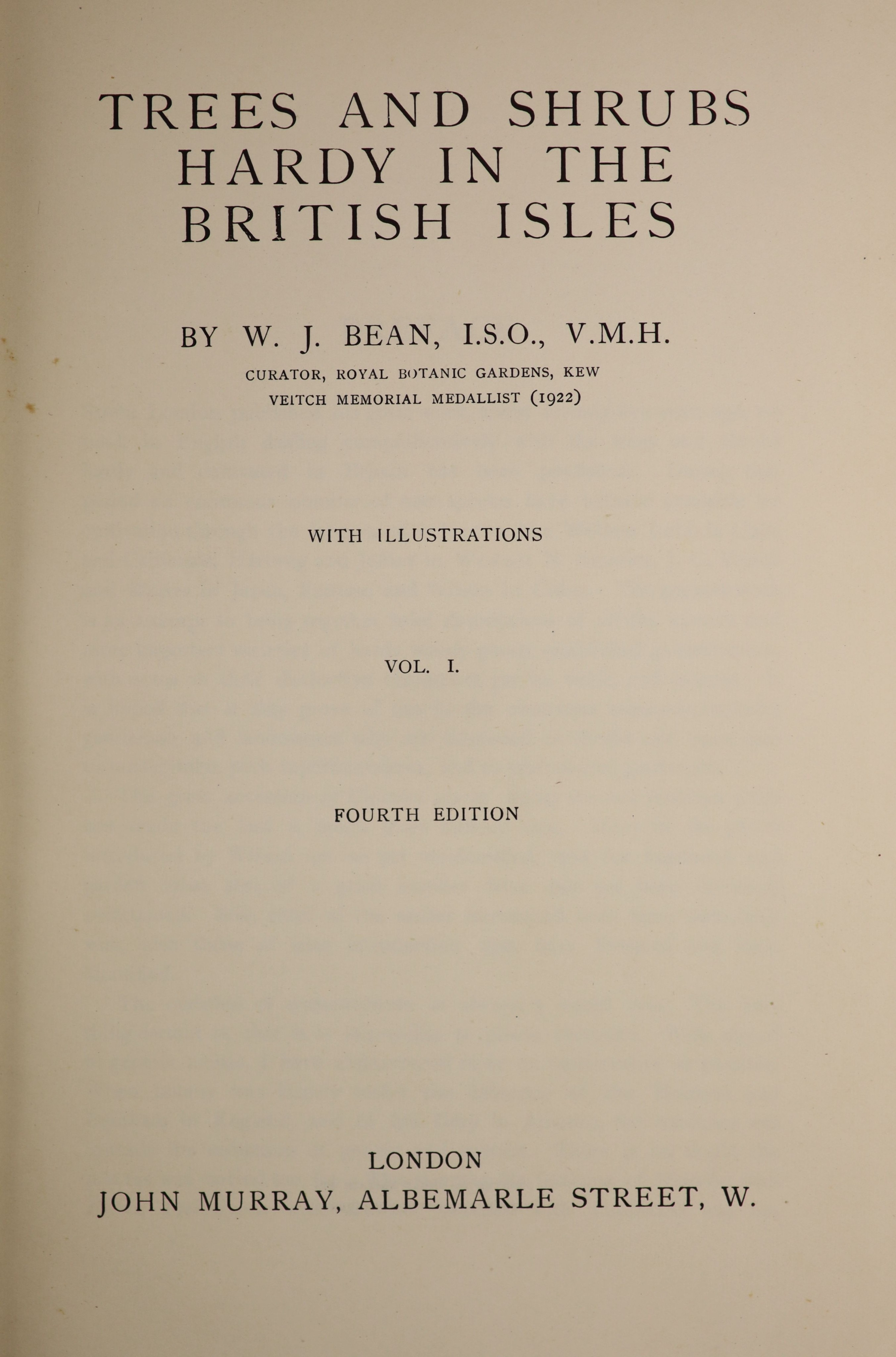 Bean. W.J - Trees and Shrubs Hardy in the British Isles, 3 vols, 4th edition, 8vo, green pictorial cloth, London, 1925